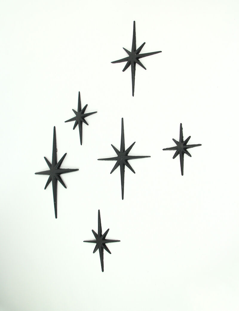 Set of 6 Black Cast Iron Starburst Wall Hangings Mid Century 8 Pointed Stars image number 1