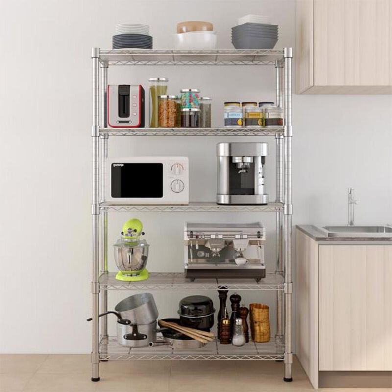 5-Layer Plated Shelf Durable Metal Storage Rack for Kitchen, Garage, or Office Organization