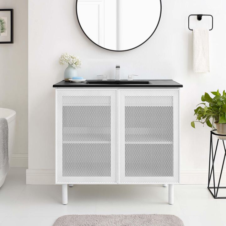 Modway Calla 36 Inch Single Combo in Black White, Compact Small Space Cabinet with Storage and Perforated Metal Doors, Modern Freestanding Bathroom Sink Vanity Set