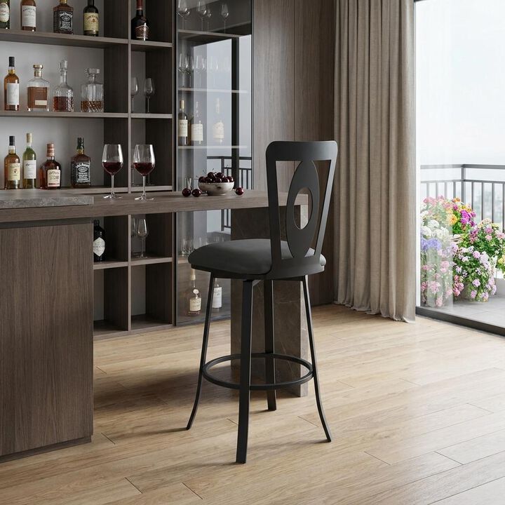 HomeRoots 30" Gray And Black Faux Leather And Fabric And Iron Bar Height Swivel Bar Chair