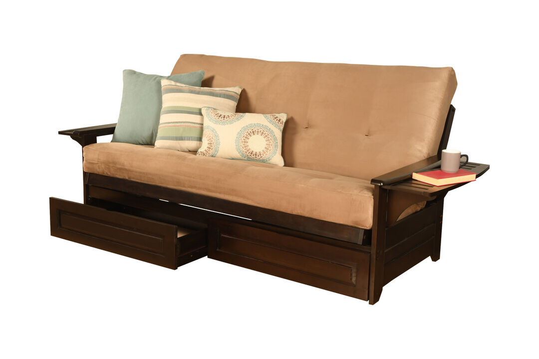 Phoenix Frame in Espresso Finish includes Suede Peat Mattress and Storage Drawers