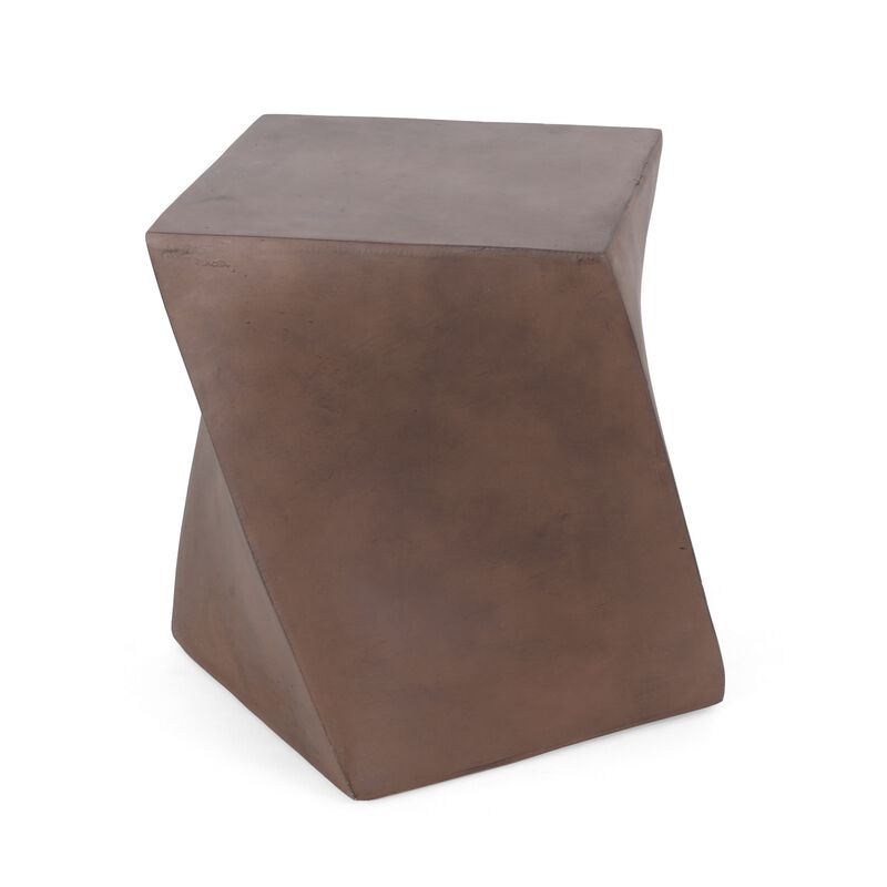 Outdoor Side End Table, Twisted Cube Shape Brown Faux Concrete 21 Inch - Benzara