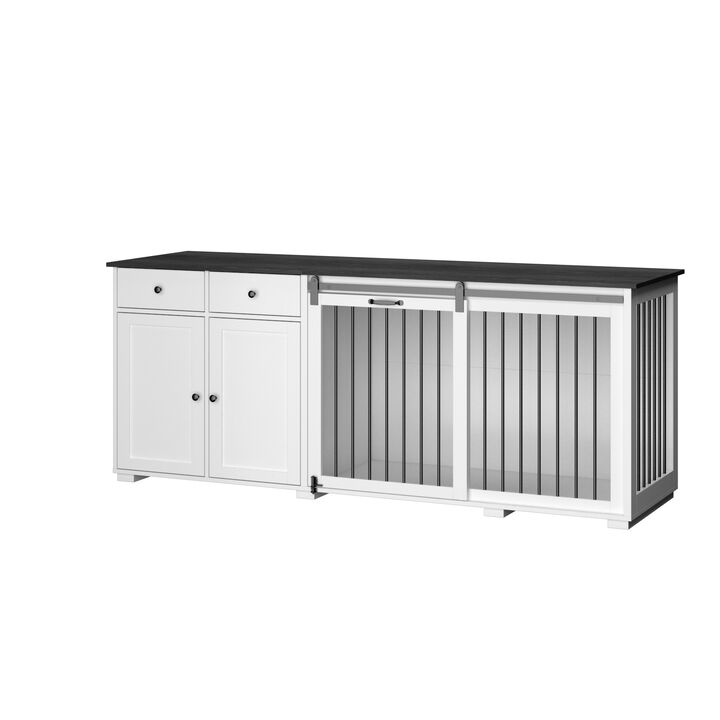 Large Dog House Furniture Dog Crate Storage Cabinet, Dog Cage with 2-Drawers and Sliding Door for Large Dogs, White