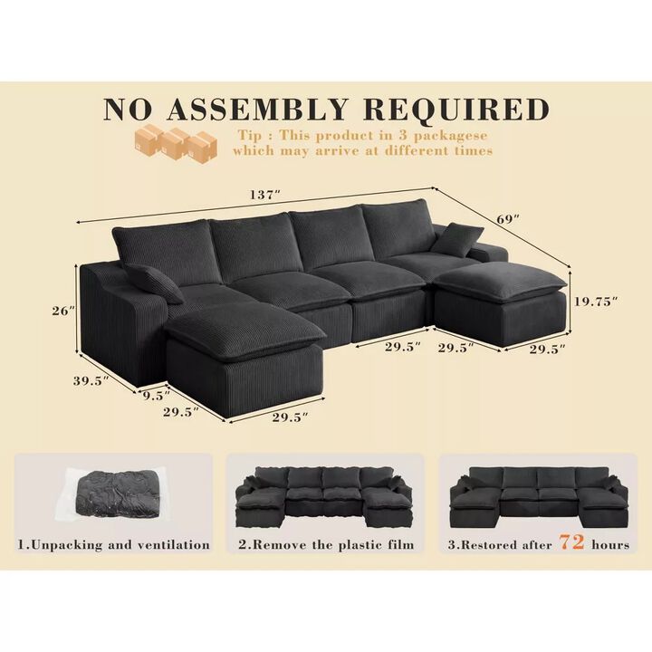 Vipbear 137" U-Shape Modular Sectional Sofa, Corduroy Cloud Couch with Boneless Design, 6-Seater