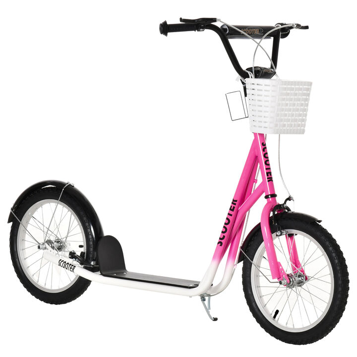 BreeBe Youth Scooter, Kick Scooter with Adjustable Handlebars, Double Brakes, 16" Inflatable Rubber Tires, Basket, Cupholder