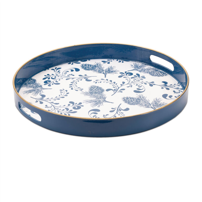 HomeRoots 14" Blue White And Gold Pinecone Round Serving Tray image number 3