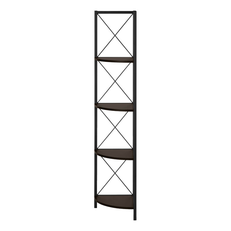 Monarch Specialties I 3645 Bookshelf, Bookcase, Etagere, Corner, 4 Tier, 60"H, Office, Bedroom, Metal, Laminate, Brown, Black, Contemporary, Modern