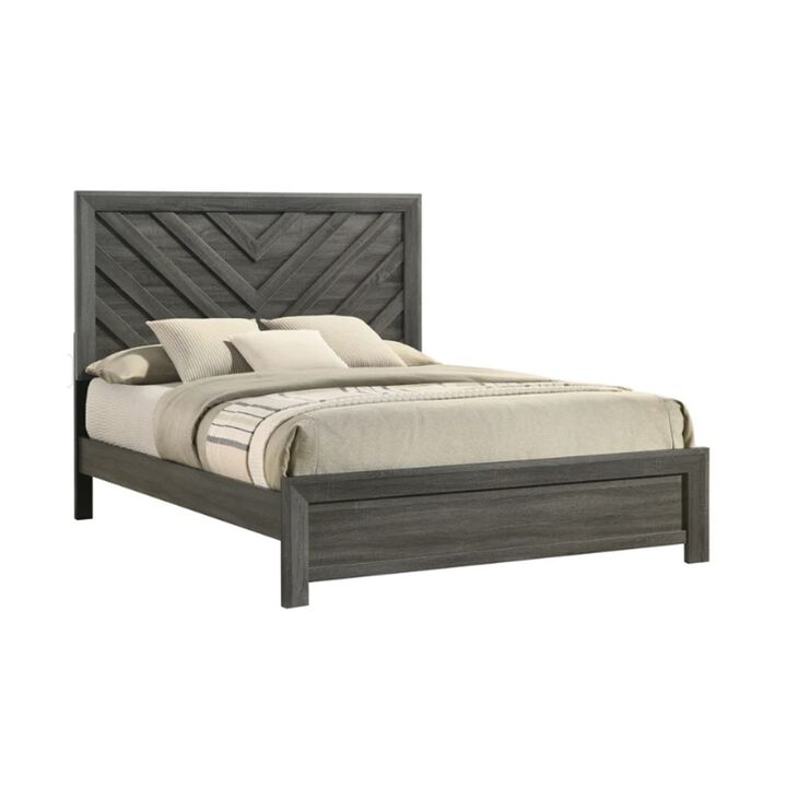 Velz King Size Bed w Chevron Patterned Headboard, Dark Gray Wood