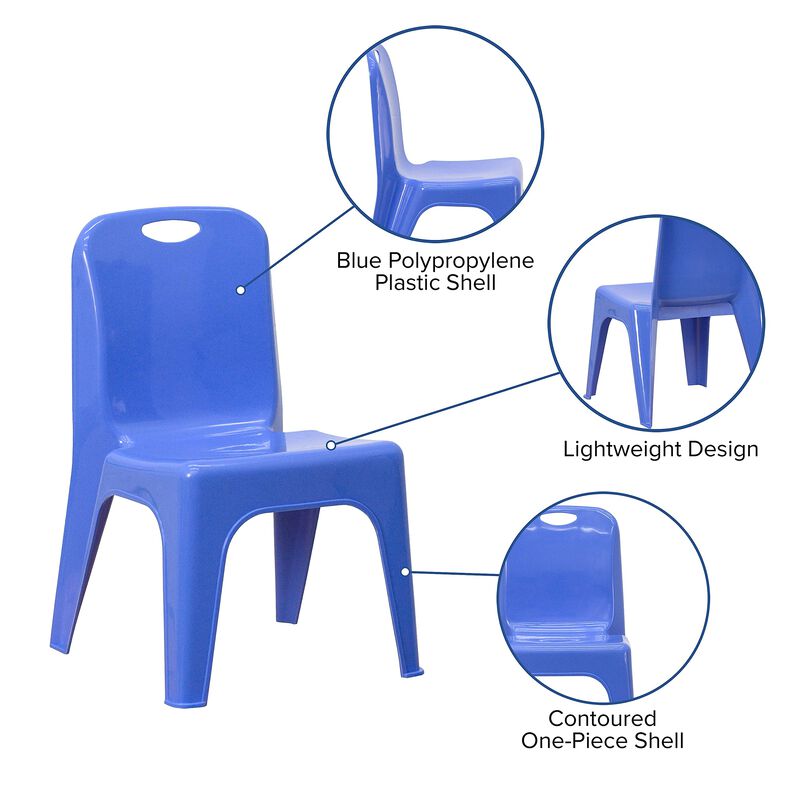Flash Furniture Whitney 4 Pack Blue Plastic Stackable School Chair with Carrying Handle and 11'' Seat Height image number 3