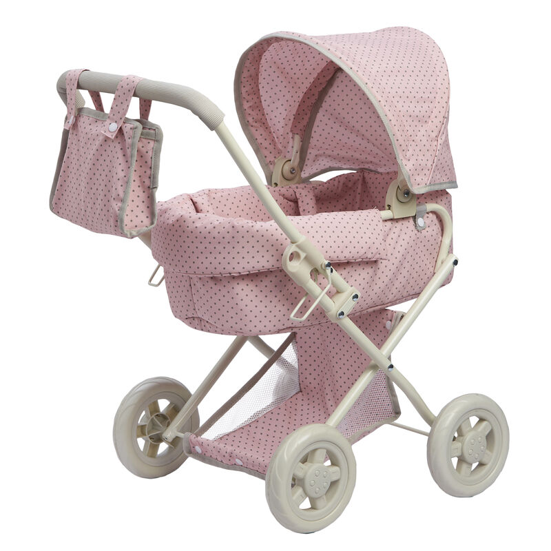 Olivia's Little World Polka Dot Princess Baby Doll Pram Stroller with Retractable Canopy & Storage, Pink/Gray
