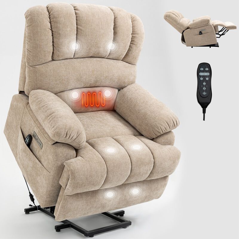 Mondawe 23" Seat Width and High Back Large Size Chenille Power Lift Recliner Chair with 8-Point Vibration Massage and Lumbar Heating