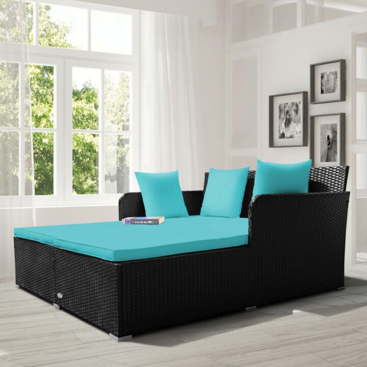 Hivvago Spacious Outdoor Rattan Daybed with Upholstered Cushions and Pillows-Black