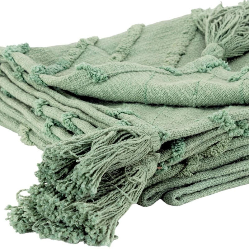 HomeRoots 50" X 60" Green Cotton Woven Geometric Throw Blanket with Tassels image number 4