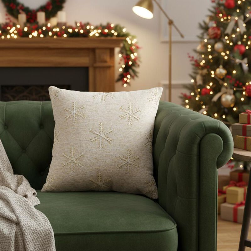 HomeRoots 20" Natural And Gold Snowflakes Christmas Throw Pillow With Embroidery image number 1