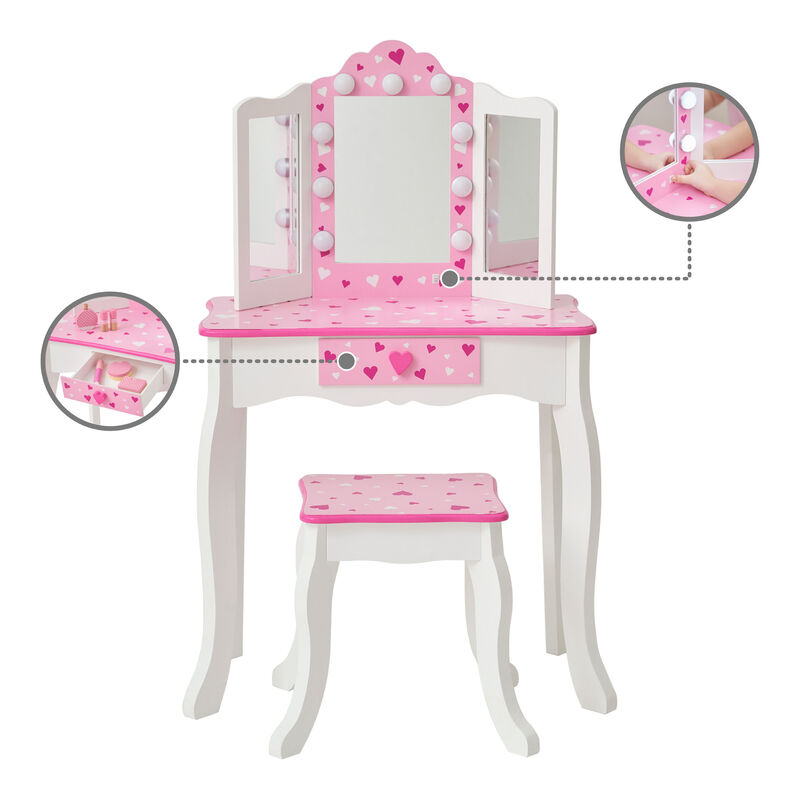 Gisele Sweethearts Kids Vanity Table & Stool w/ LED, White & Pink image number 2
