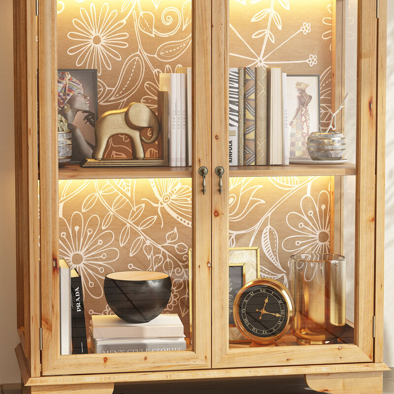 FUFU&GAGA Modern Display Cabinet with LED Light, Tempered Glass & Metal Handles – Pinewood and MDF Construction, (31.1" W x 15.7" D x 74.2" H), Brown