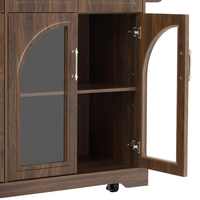 Merax Rolling Kitchen Island with Arched Tempered Glass Display Cabinets, Adjustable Shelves image number 6