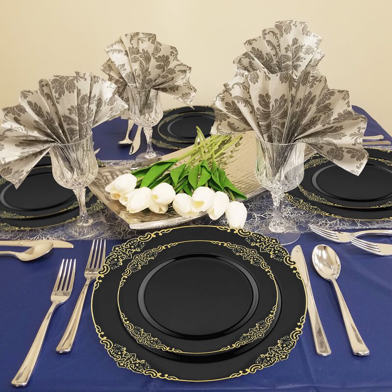 10.25" Black with Gold Fancy Round Plastic Dinner Plates (120 Plates) image number 7