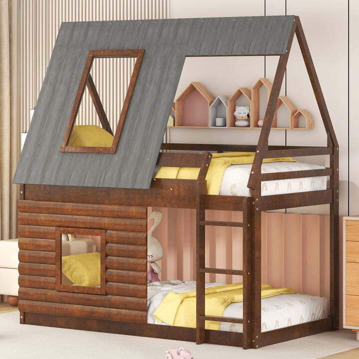 Wood Twin Size House Bunk Bed with Roof, Ladder and 2 Windows, Oak & Smoky Grey