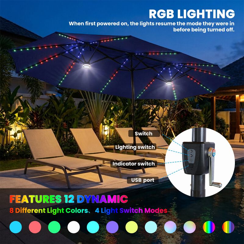 led patio umbrella switch 13 ft Double-Sided Large Rectangle Market Umbrella with 36 Lights-Wine or quiet evenings 7.5 Feet Solar Powered Patio