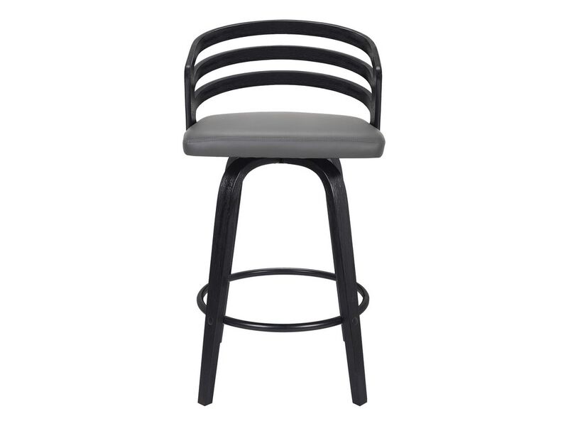 26 Inch Wooden and Leatherette Swivel Barstool, Gray and Black-Benzara image number 1