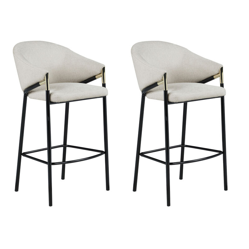 Fil 30 Inch Sloped Arm Barstools, Set of 2, Padded Curved Back, Beige Linen - Benzara