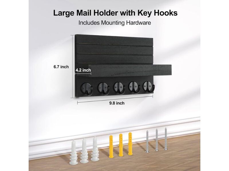 Key Holder Wall Decor Paulownia Wood Mail and Coat Hanger with Shelf image number 2