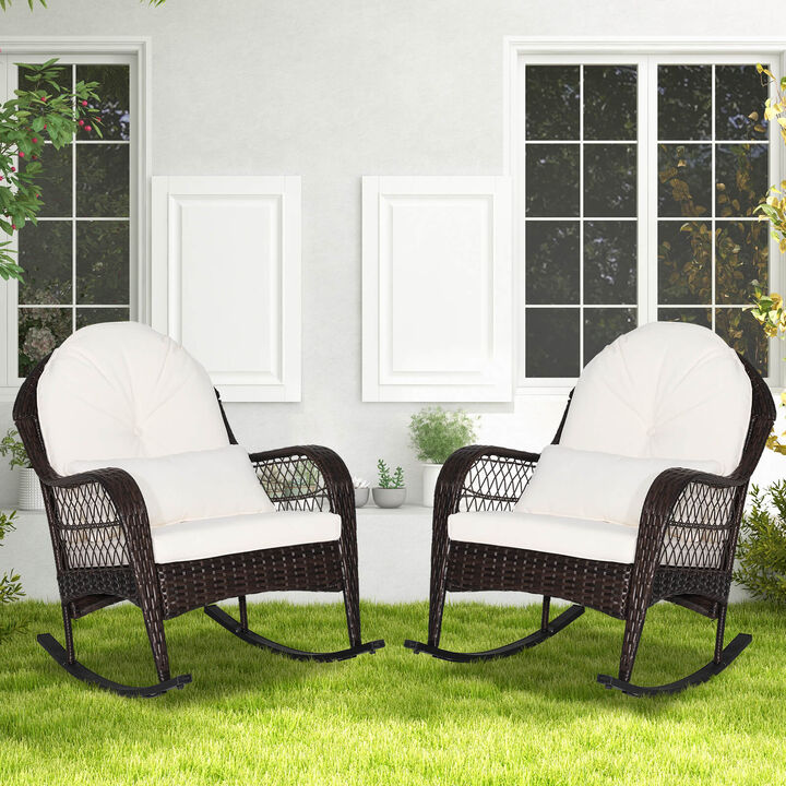 Patio Rattan Rocking Chair with Seat Back Cushions and Waist Pillow