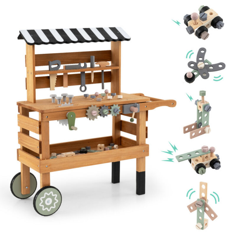 Kids 2 In 1 Rolling Tool Cart Construction Pretend Play Set Brown image number 0