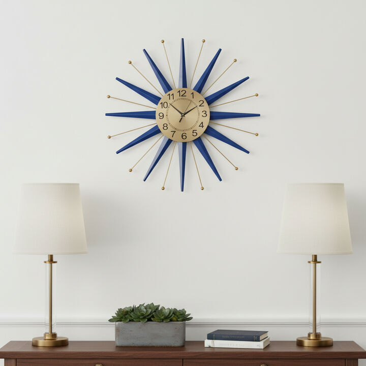 HomeRoots 27" Blue And Gold Metal Silent Analog Starburst Wall Clock