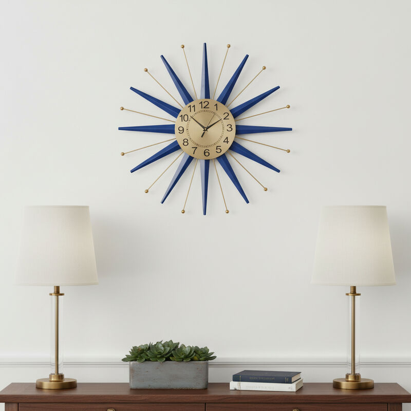 HomeRoots 27" Blue And Gold Metal Silent Analog Starburst Wall Clock image number 1