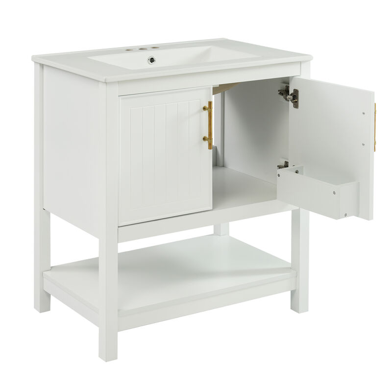 Whisen 30" Bathroom Storage Cabinet Bathroom Vanity with Ceramic Sink, Soft Close Doors and Open Shelf