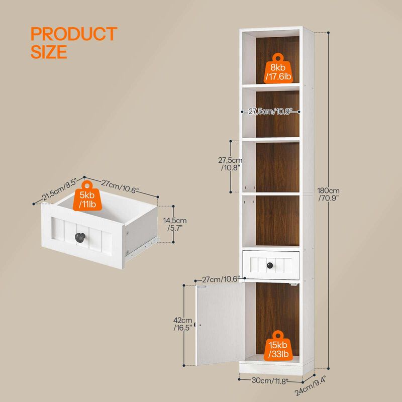 Slim Tall Bookcase with Cabinet Storage and Adjustable Shelving Unit- White image number 2