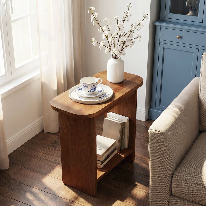 2-Tier H-Shaped Side Table, Solid Wood End Table with Storage Shelf image number 7