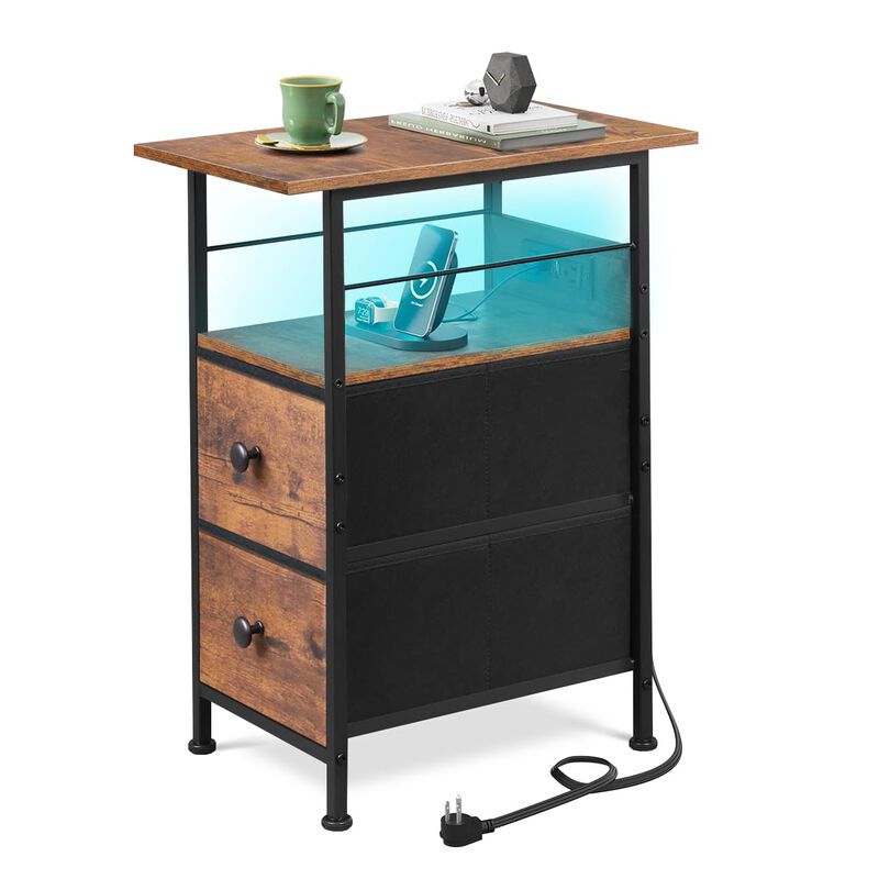 WLIVE Narrow Side Table with Charging Station, End Table with LED Lights,2 Fabric Drawers and Open Shelf, Bed Side Tables Living