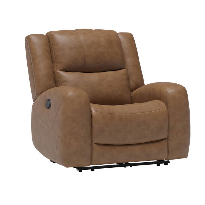 Leos Manual Recliner Chair, Contour Armrest, Wood Frame, Brown Leather - Benzara