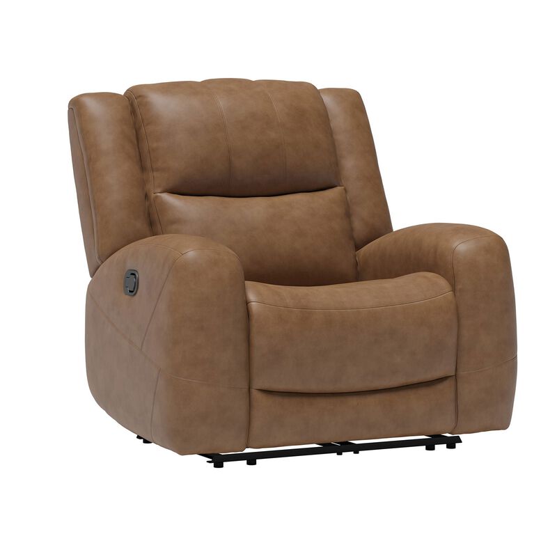 Leos Manual Recliner Chair, Contour Armrest, Wood Frame, Brown Leather - Benzara