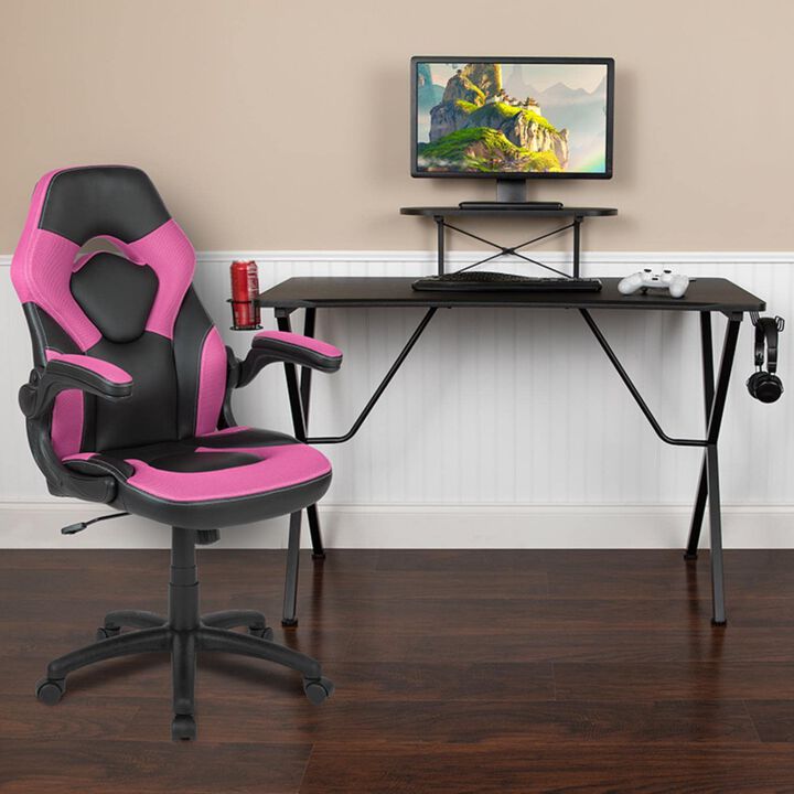 Flash Furniture Black Gaming Desk and Pink/Black Racing Chair Set with Cup Holder, Headphone Hook, and Monitor/Smartphone Stand