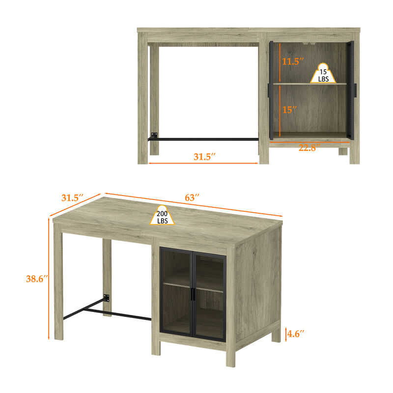 FUFU&GAGA White Oak Textured Office Desk with Metal Mesh Cabinet Door and Adjustable Shelf, Modern Workstation Table (63 in. L x 31.5 in. W x 38.6 in. H),White Oak