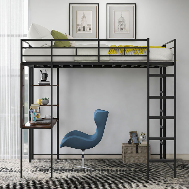 Merax Metal Loft Bed with 2 Shelves and 1 Desk