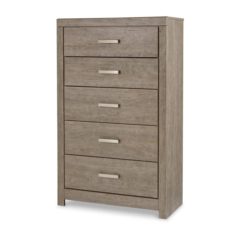 Kulv Tall Dresser Chest, 5 Storage Drawers, Modern Taupe Gray Laminate - Benzara