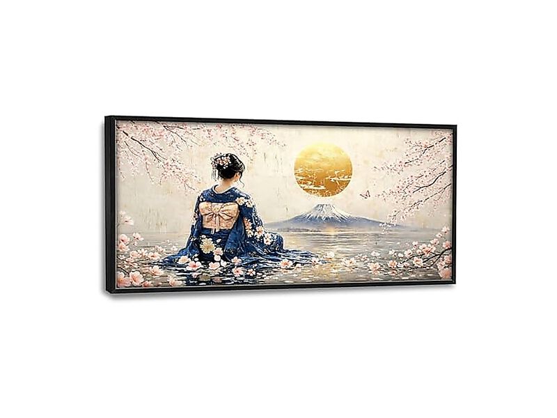 Large Framed Japanese Geisha Wall Art Kimono Woman Decor Cherry Blossom Moon 60L image number 0