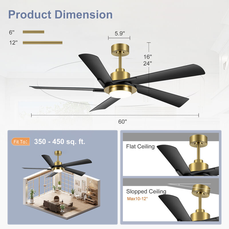 Breezary 60In LED Ceiling Fan with Light, DC Motor, 5 Blades, 6 Speed, Reversible Quiet Modern Ceiling Fan image number 5