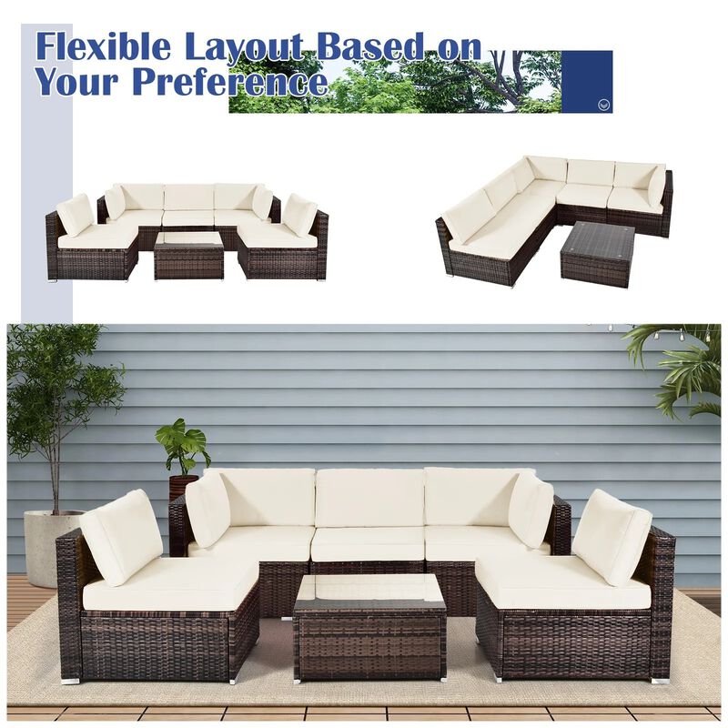 Mondawe Modular 7-Pcs Design PE Rattan Sofa Set,With 50K BTU Fire Pit & Detachable Cushions Chair