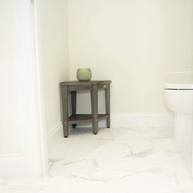 CoastalVogue SnazzyCorner Antique Gray 18"H Corner Shower Bench With Shelf