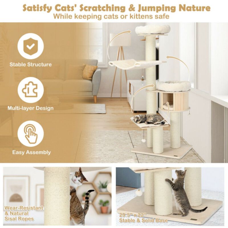 4-Layer 68.5-Inch Wooden Cat Tree Condo Activity Tower with Sisal Posts