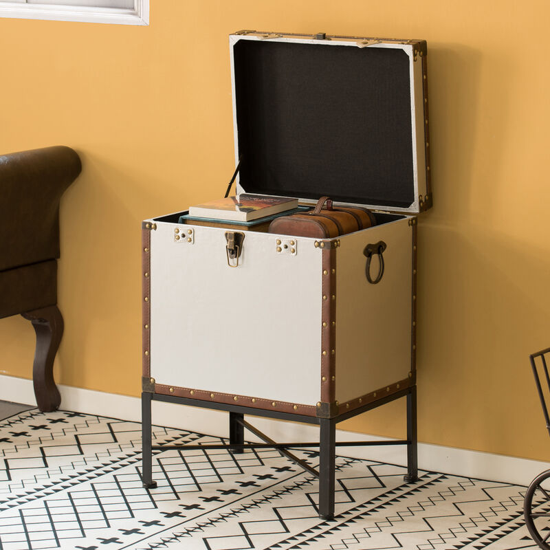 Silver and Brown Trimmed Faux Leather Lockable Square Lined Storage Trunk, End Table on Metal Stand