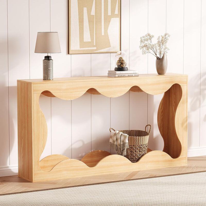 63 Inch Farmhouse Scalloped Console Table for Entryway, Narrow Wood Sofa Table Behind Couch image number 2
