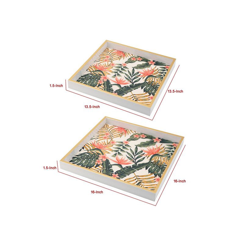 Set of 2 Decorative Trays, Crisp White MDF, Floral Printed PVC, Pink, Green - Benzara