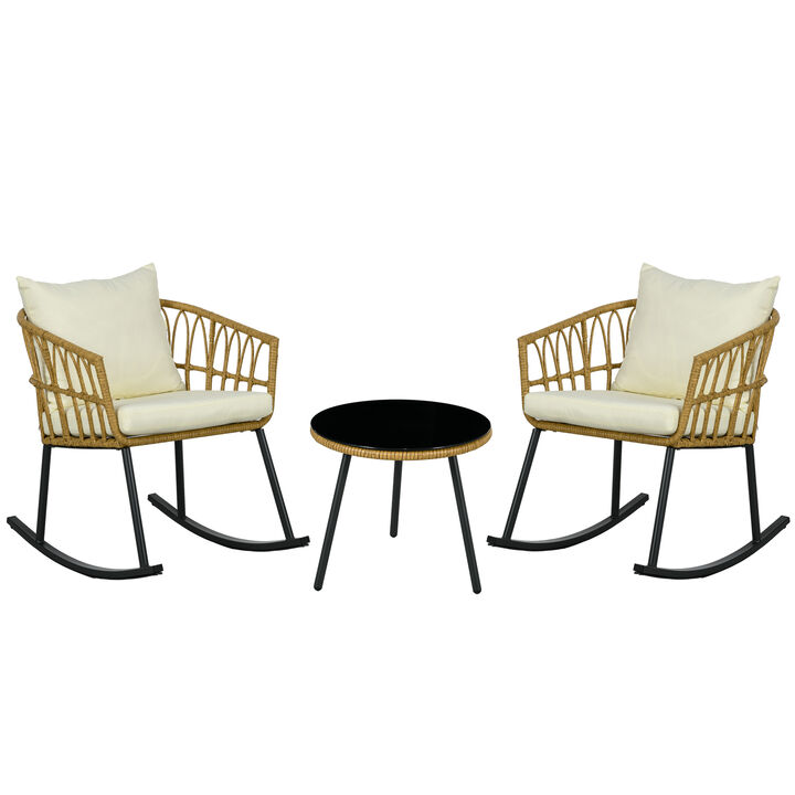 Outsunny 3 Piece Bistro Set with Cushions, Outdoor PE Rattan Wicker Patio Rocking Chair with 2 Porch Rocker Chairs, Glass Top Coffee Table Patio Conversation Set, Cream White